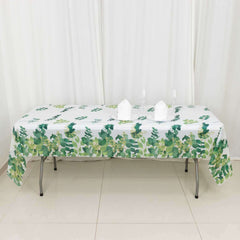 5-Pack Plastic Table Covers White/Green Rectangle with Eucalyptus Leaves Print - Decorative PVC Disposable Tablecloths 54"x108"