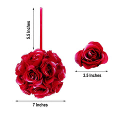 2 Pack 7" Fuchsia Artificial Silk Rose Kissing Ball, Flower Ball
