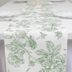 Polyester Table Runner 12"x108" White with Dusty Sage Green French Toile Floral Print Reusable Table Décor