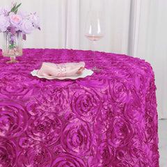 Satin 120" Round Tablecloth Fuchsia - Grandiose 3D Rosette with Seamless Finish Table Cover