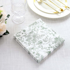 20-Pack Paper Cocktail Napkins with French Toile Print White/Sage Green - Disposable 2 Ply Beverage Napkins for Events 6.5"x6.5"