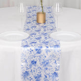 Satin 12"x108" Table Runner White with Blue French Toile Floral Pattern - Refined Style for Upscale Events