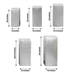 Set of 5 Metallic Silver Spandex Rectangle Pedestal Stand Covers, Stretchable Pillar Prop Covers - 160 GSM