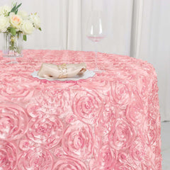 Satin 120" Round Tablecloth Pink - Grandiose 3D Rosette with Seamless Finish Table Cover