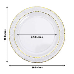 10-Pack Plastic 10" Round Dinner Plates in Clear Hammered Design with Gold Rim - Disposable Party Plates for Chic Banquets & Special Occasions
