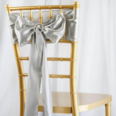 5 Pack Satin Chair Sashes Silver - Durable Chair Bows with Shiny Finish 6"x106"