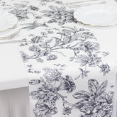 Polyester Table Runner 12"x108" White with Black French Toile Floral Print Reusable Table Décor