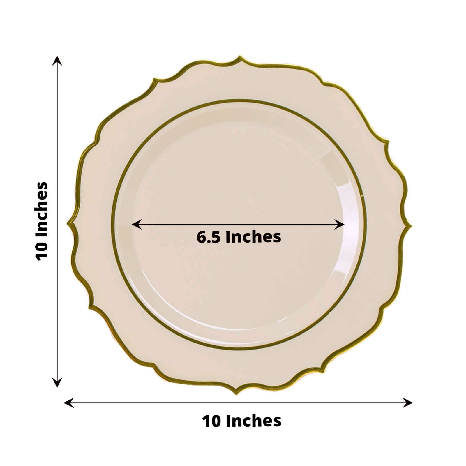 10-Pack Plastic 10" Round Dinner Plates in Taupe with Gold Scalloped Rim - Disposable Party Plates
