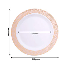 10-Pack Plastic Round Dinner Plates 10" White with Blush Rose Gold Spiral Rim - Chic Disposable Party Plates