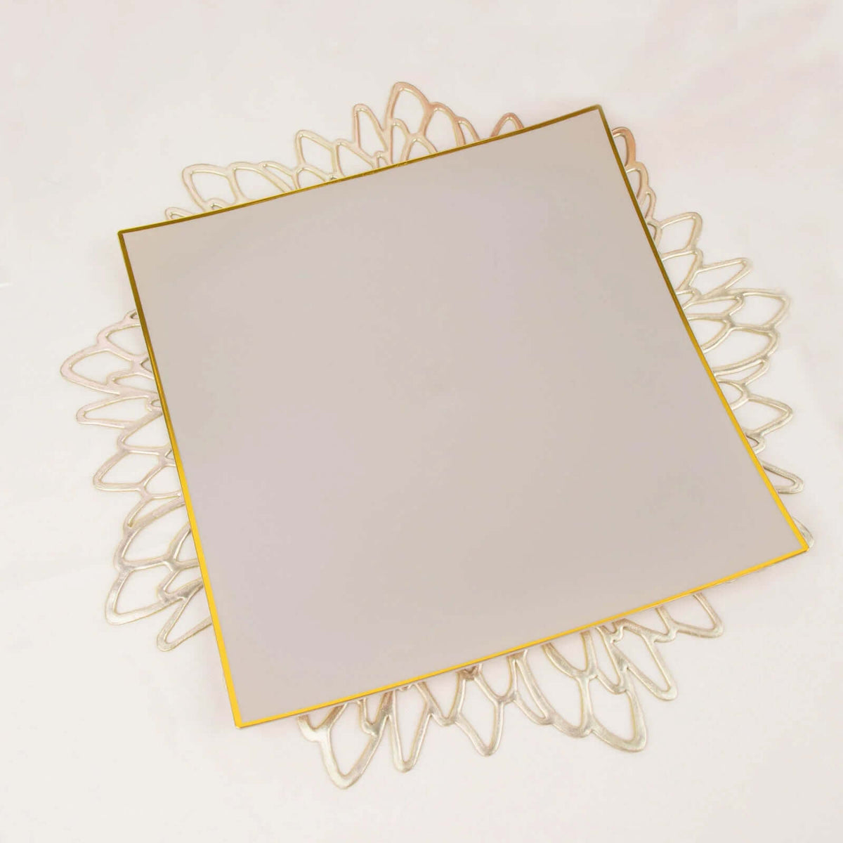 10-Pack Plastic 10" Square Dinner Plates in Taupe Concave Style with Gold Rim - Modern Disposable Party Plates