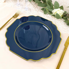 10-Pack Plastic Dinner Plates in Navy Blue Baroque Design with Scalloped Gold Rim - Heavy Duty Disposable Party Plates 11"
