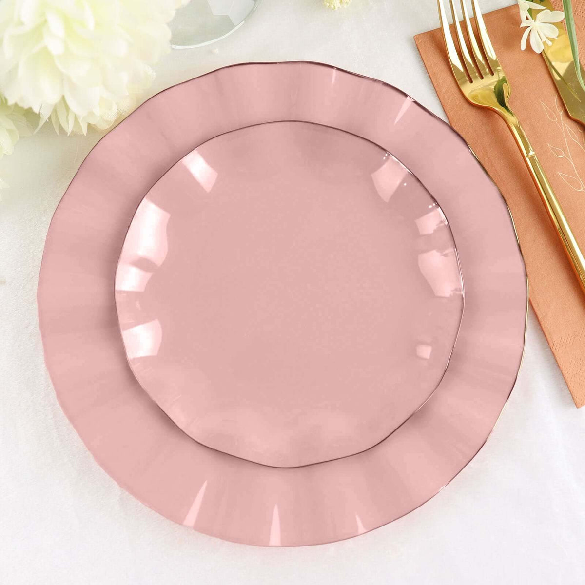 10-Pack Plastic Round 6" Dessert Plates in Dusty Rose Ruffled Rim with Gold Edging - Sturdy Disposable Salad Appetizer Dinnerware