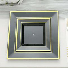 10-Pack Plastic Salad Dessert Plates Black Square with Gold Trim - Durable Disposable Appetizer Plates 7"