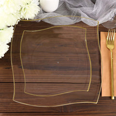10-Pack Plastic 8" Square Dessert Plates in Clear with Gold Wavy Rim Modern - Disposable Salad Appetizer Party Plates