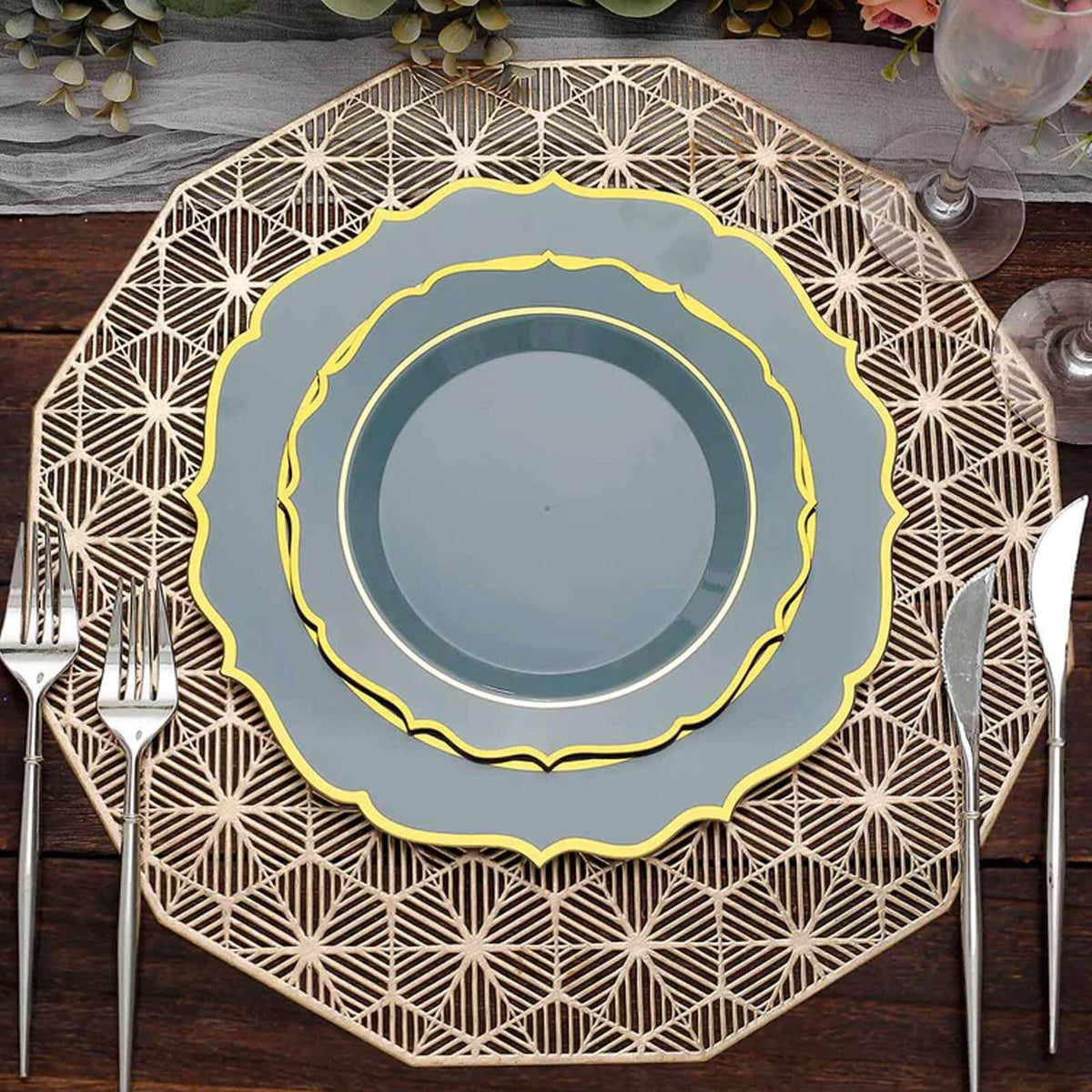 10-Pack Plastic 8" Round Dessert Plates in Dusty Blue with Gold Scalloped Rim - Disposable Appetizer/Salad Plates