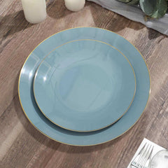 10-Pack Plastic 8" Round Dessert Plates in Dusty Blue with Gold Rim - Glossy Disposable Appetizer Salad Plates