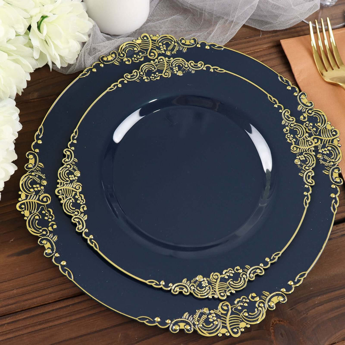 10-Pack Plastic 8" Round Dessert Plates in Navy Blue with Gold Leaf Embossed Rim - Disposable Vintage Baroque Style Salad Plates