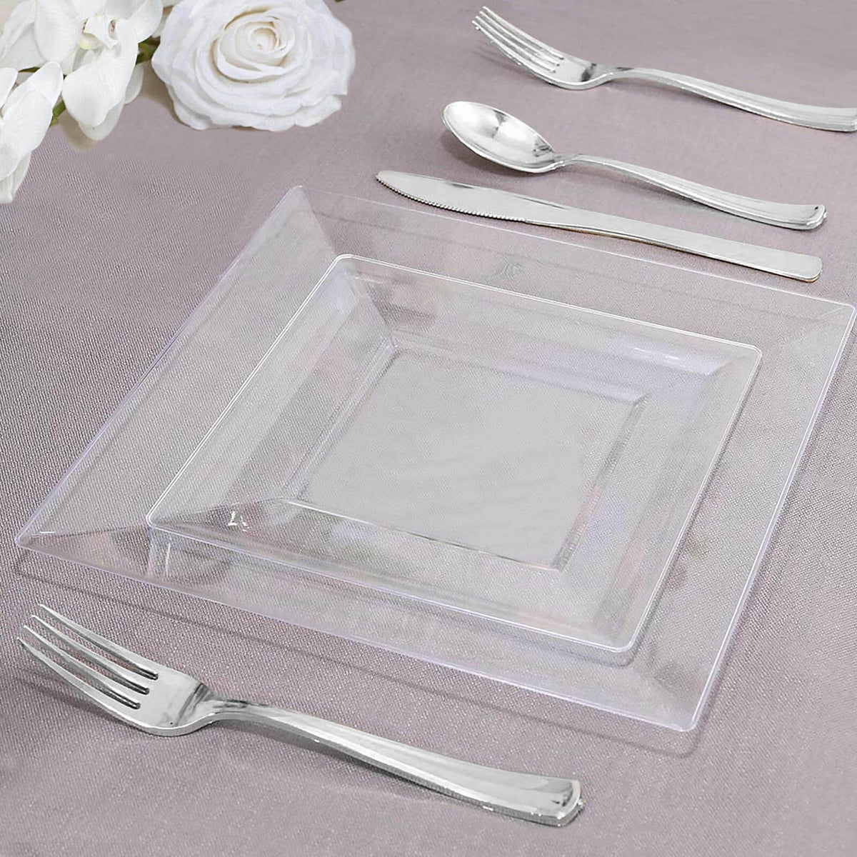 10-Pack Dessert Plates Square Design with Wide Rim Glossy Clear - Plastic Disposable Plates for Events 6"