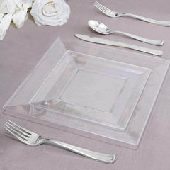 10-Pack Dessert Plates Square Design with Wide Rim Glossy Clear - Plastic Disposable Plates for Events 6"