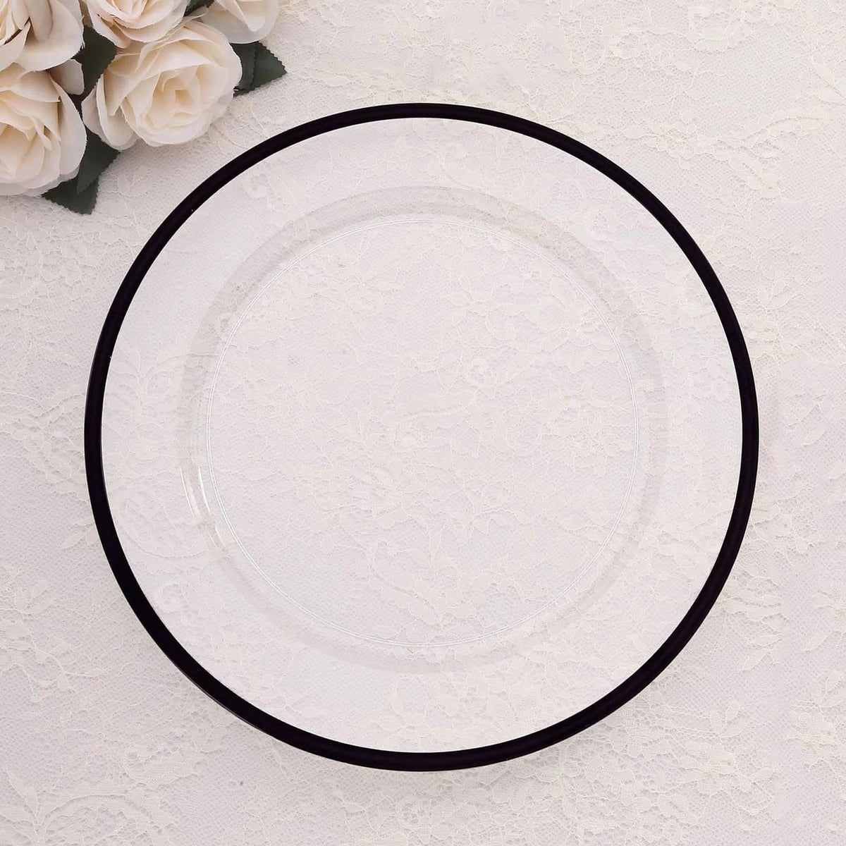 10-Pack Economy Plastic Round Charger Plates 12" in Clear with Wide Black Rim, Decorative Dinner Party Serving Plates