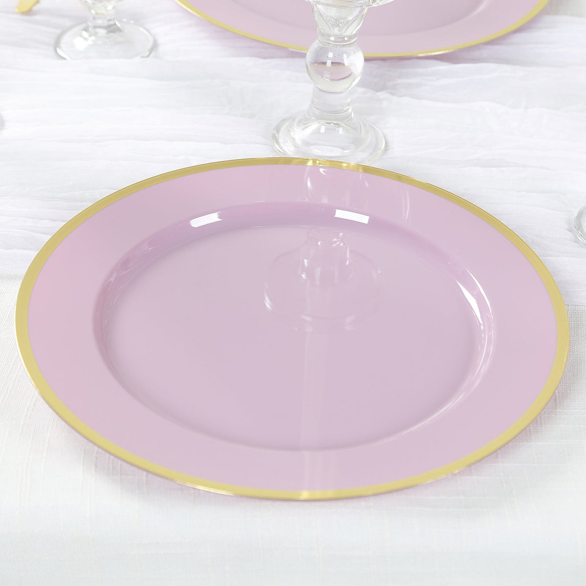 10-Pack Economy Plastic Round Charger Plates 12" in Lavender Lilac with Wide Gold Rim, Decorative Dinner Party Serving Plates