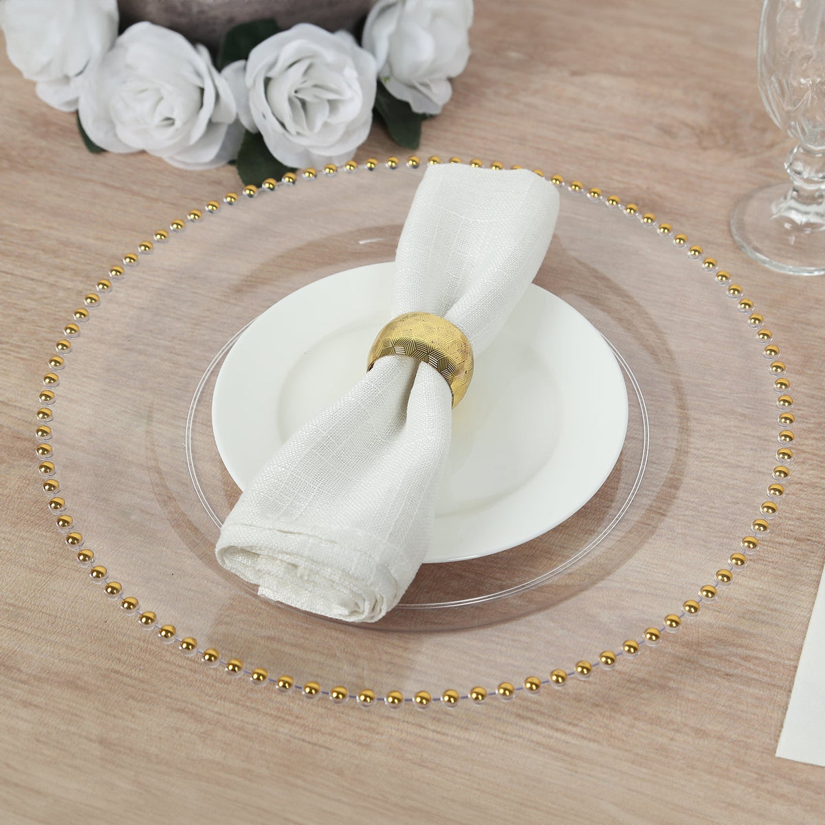 10-Pack Economy Round Plastic Charger Plates 13" in Clear with Gold Beaded Rim, Stylish Dinner Party Serving Plates