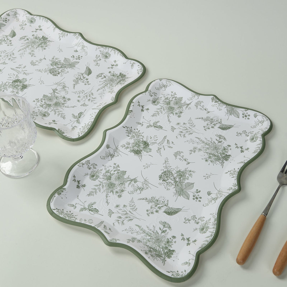 10-Pack Paper 14"x10" Rectangle Serving Trays White/Sage Green with French Toile Pattern for Weddings & Parties