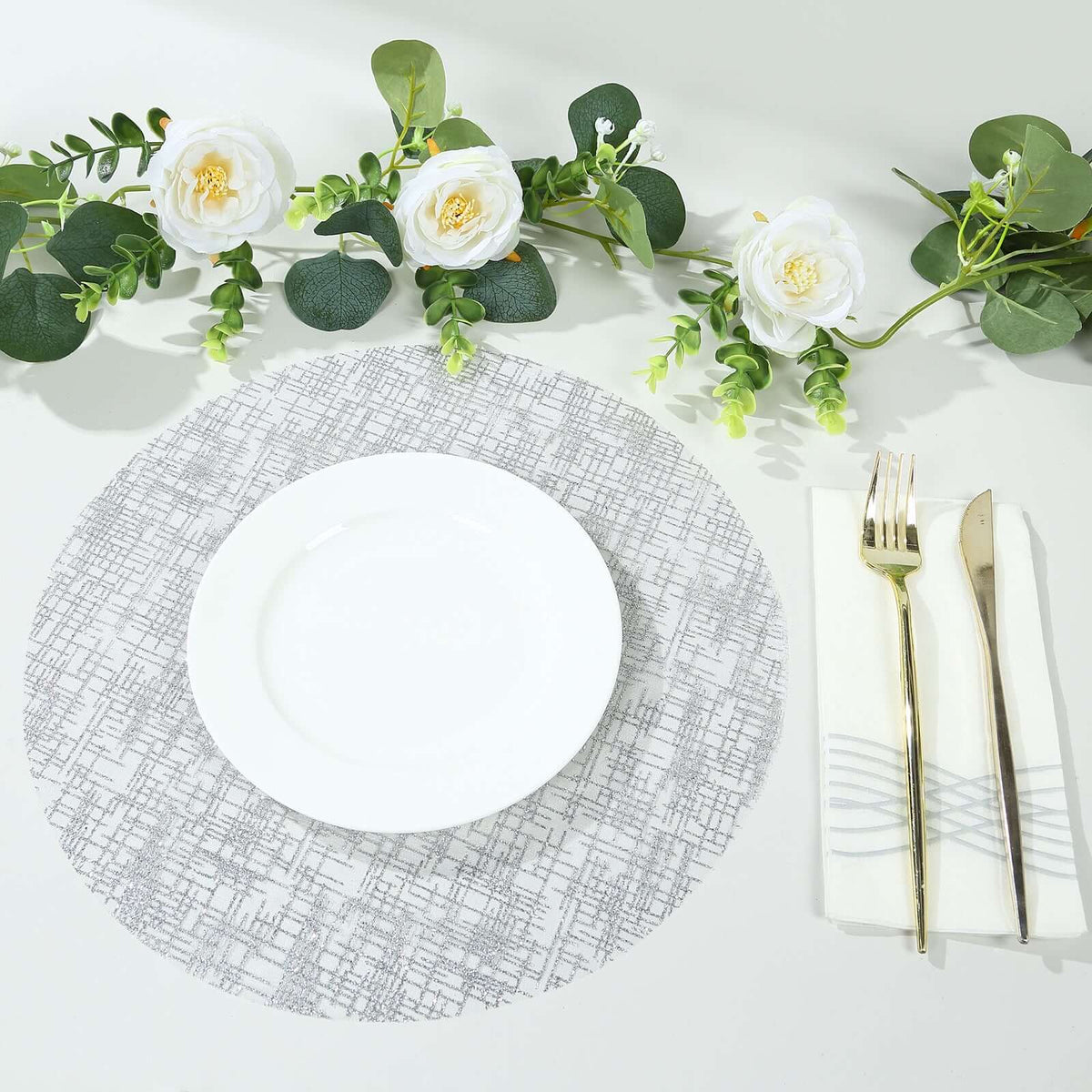 10-Pack Table Placemats Glitter Design Metallic Silver Round - Mesh Polyester Disposable Mats 13"