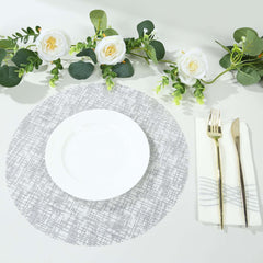 10-Pack Table Placemats Glitter Design Metallic Silver Round - Mesh Polyester Disposable Mats 13"