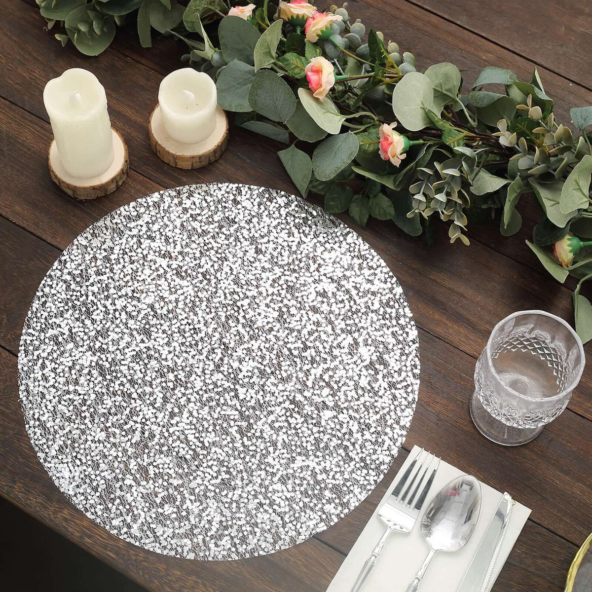 10-Pack Table Placemats Sequin Design Metallic Silver Round - Mesh Disposable Dust-Free Dining Mats 13"