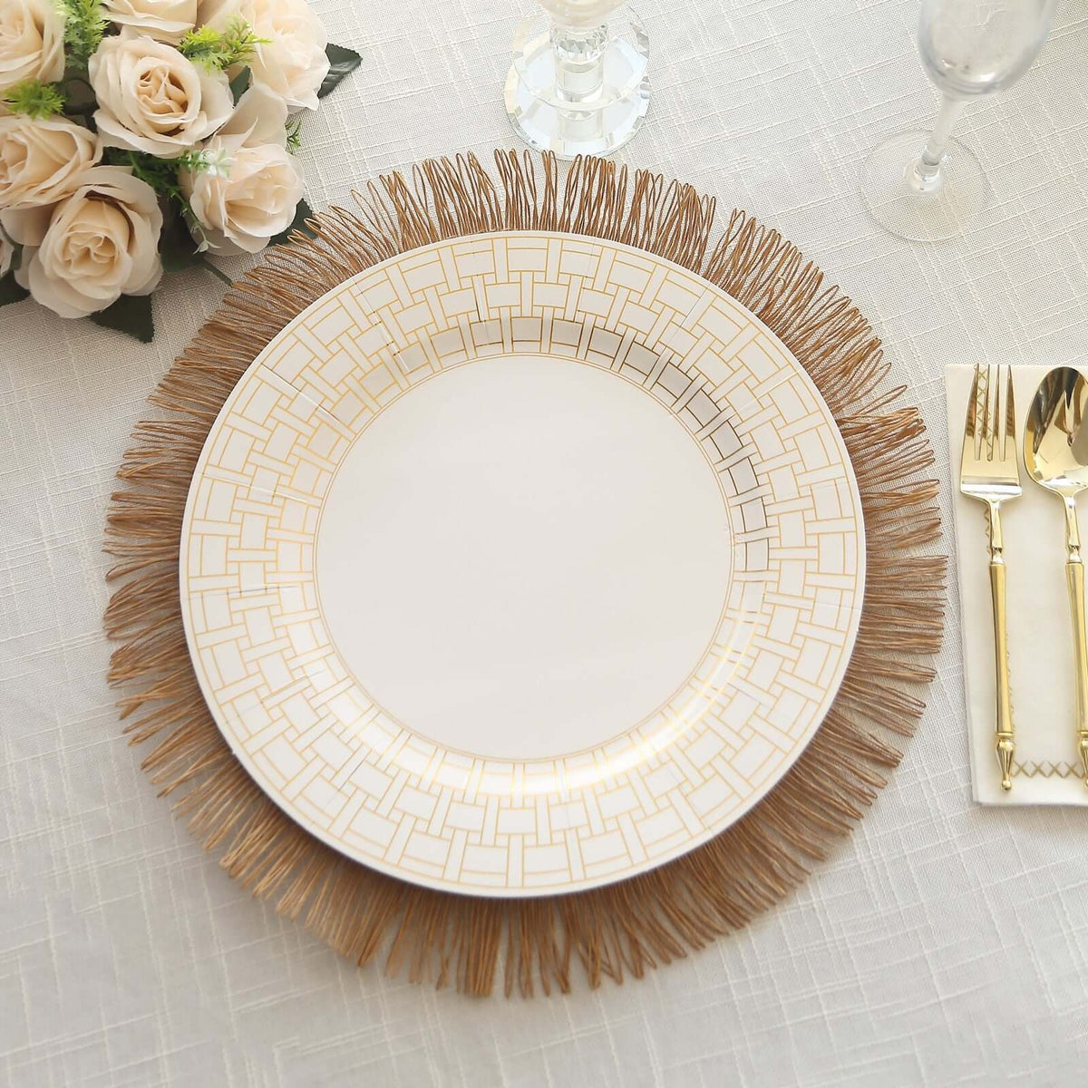 10-Pack Cardstock Paper Charger Plates in White with Gold Basketweave Pattern Rim - 650GSM Cardboard Placemats for Weddings & Banquets 13"