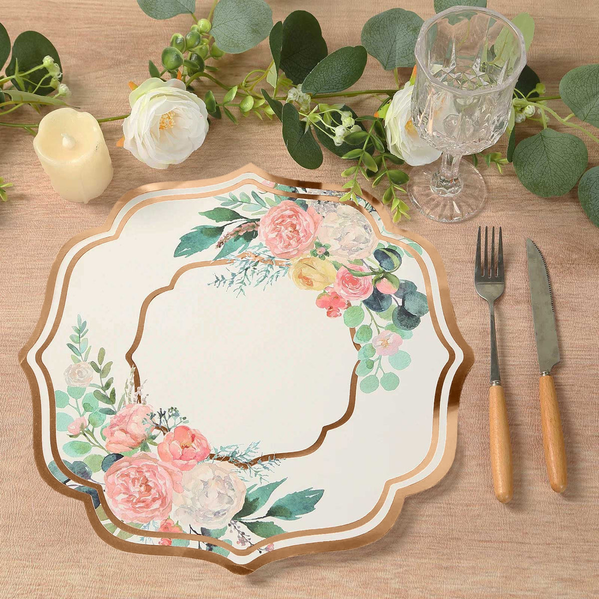 10-Pack Disposable Table Placemats in White with Peony Flowers Print & Rose Gold 13"