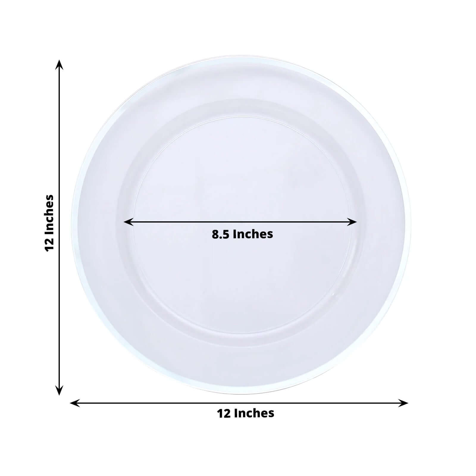 10-Pack Economy Plastic Round Charger Plates 12" in Clear with Wide Silver Rim, Decorative Dinner Party Serving Plates