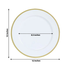 10-Pack Economy Plastic Round Charger Plates 12" in White with Wide Gold Rim, Decorative Dinner Party Serving Plates
