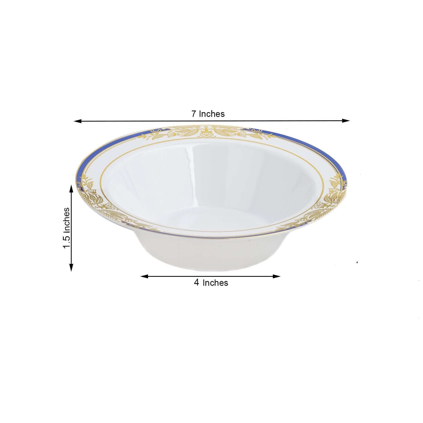 10-Pack Plastic Round Soup Bowl in White with Gold Vine & Royal Blue Rim - Sturdy Disposable Salad Dessert Bowls for Catering & Events 12oz