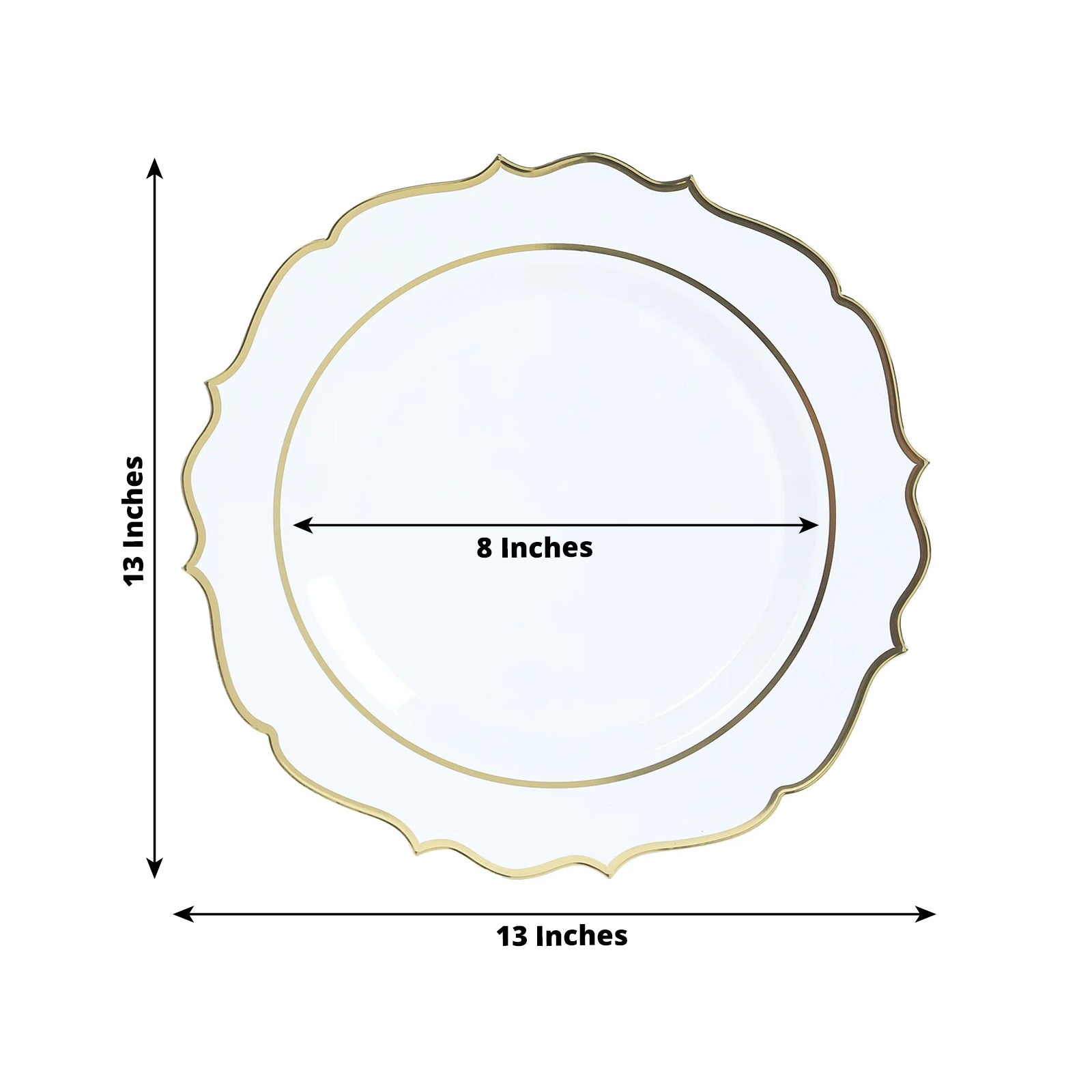 10-Pack Economy Plastic Round Charger Plates 13" in White with Gold Scalloped Rim, Decorative Dinner Party Serving Plates
