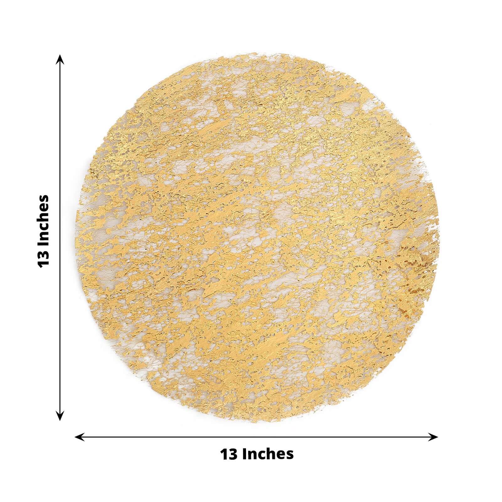 10-Pack Table Placemats Foil Design Metallic Gold Round - Mesh Disposable Shiny Dining Mats 13"