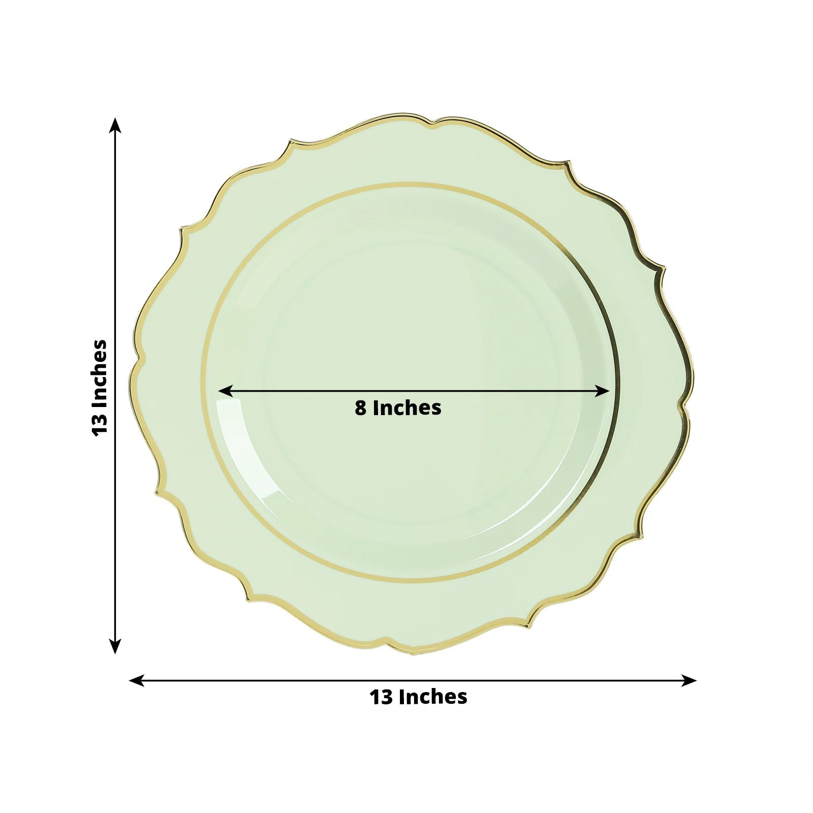 10-Pack Economy Plastic Round Charger Plates 13" in Sage Green with Gold Scalloped Rim, Decorative Dinner Party Serving Plates