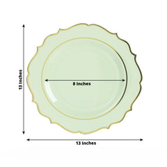 10-Pack Economy Plastic Round Charger Plates 13" in Sage Green with Gold Scalloped Rim, Decorative Dinner Party Serving Plates