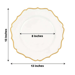 6-Pack Acrylic Round Charger Plates 13" in White with Gold Scalloped Rim, Decorative Dinner Party Plastic Charger Tableware