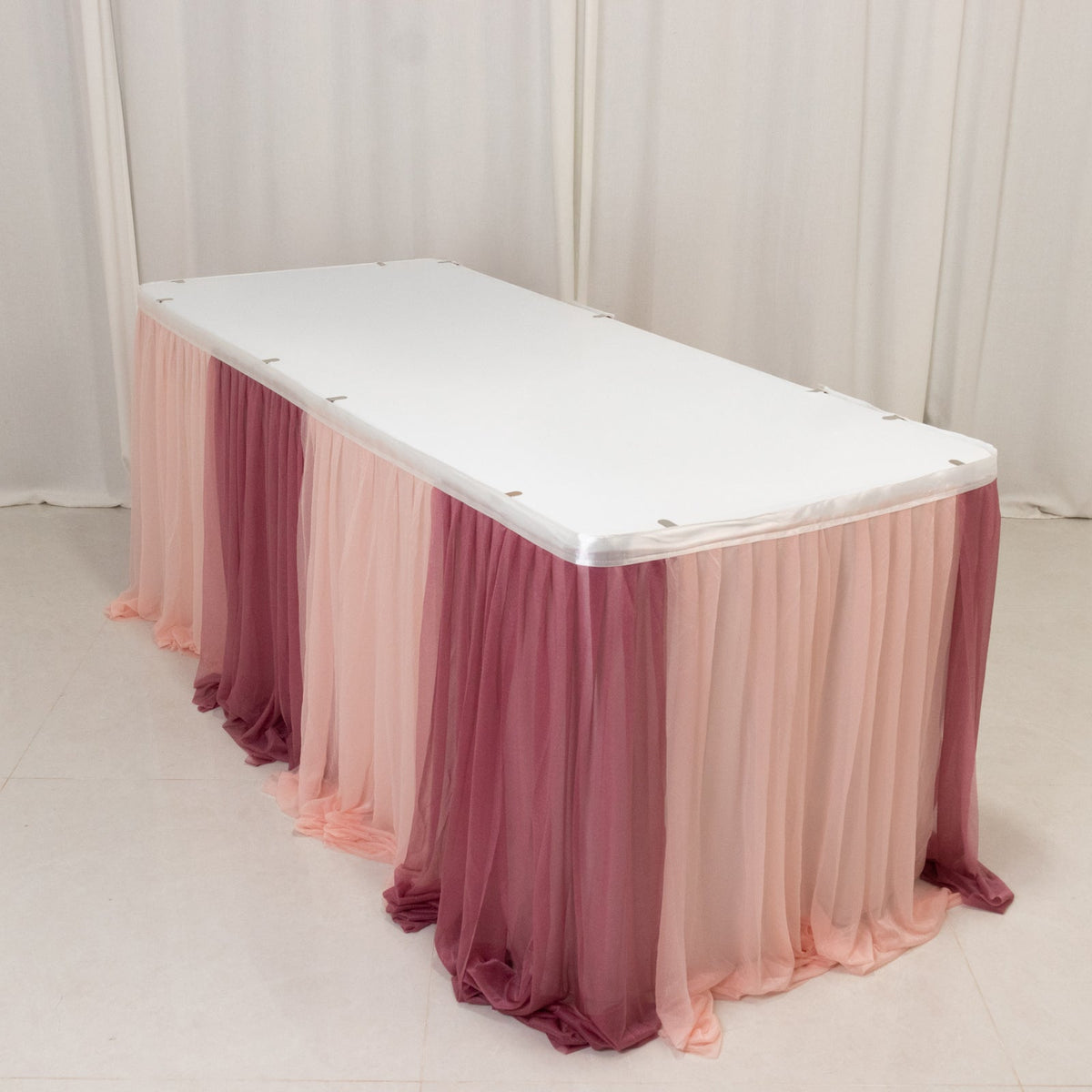 14ft Sheer Pleated Ruffle Skirting Chiffon Table Skirt - Mauve and Blush, Shimmer Sheer, Wrinkle-Free Fabric
