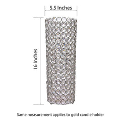 Full Crystal Beaded Candle Holder Shiny Gold Metal - Stylish Pillar Stand for Weddings 16"