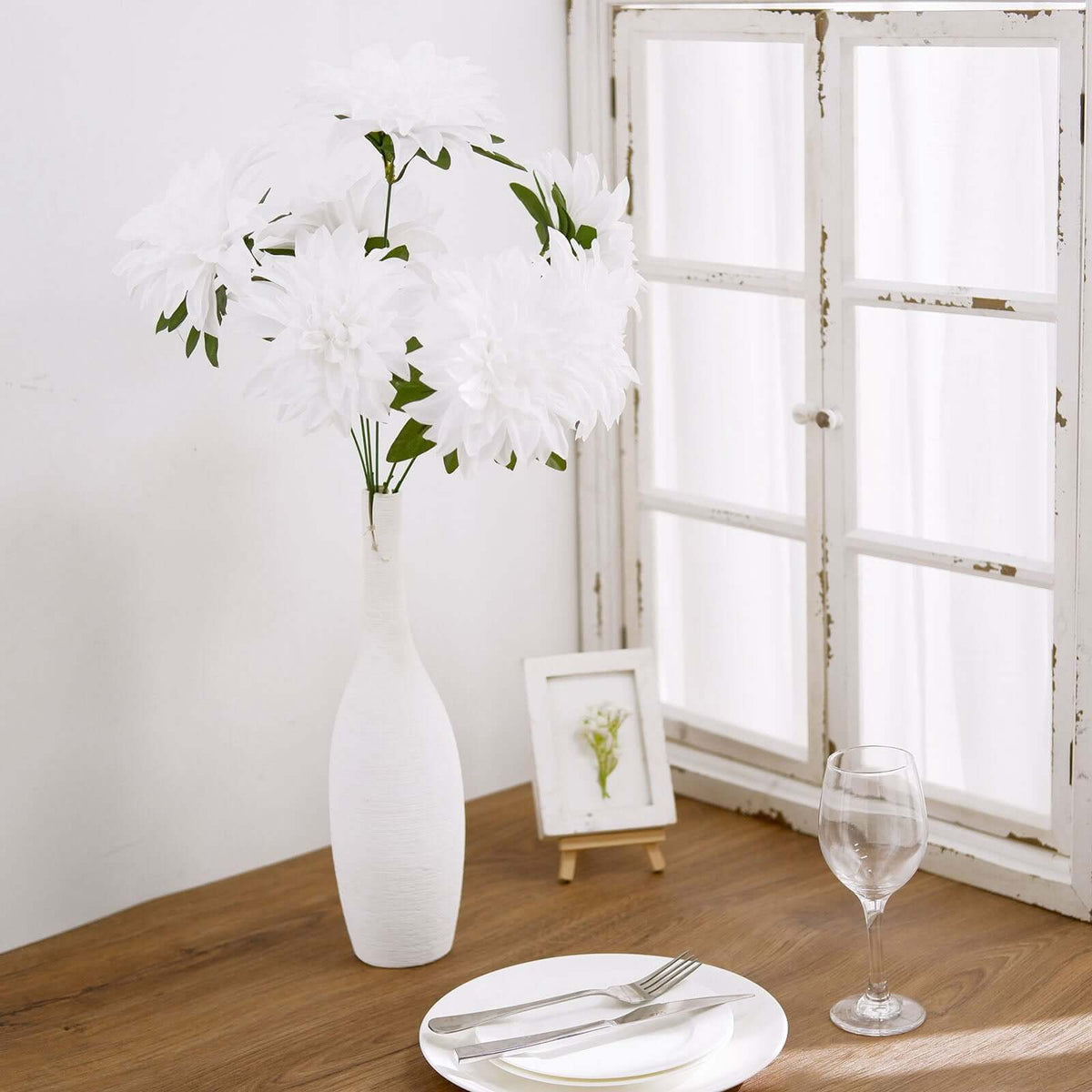 2 Bouquets 20" White Artificial Silk Dahlia Flower Spray Bushes