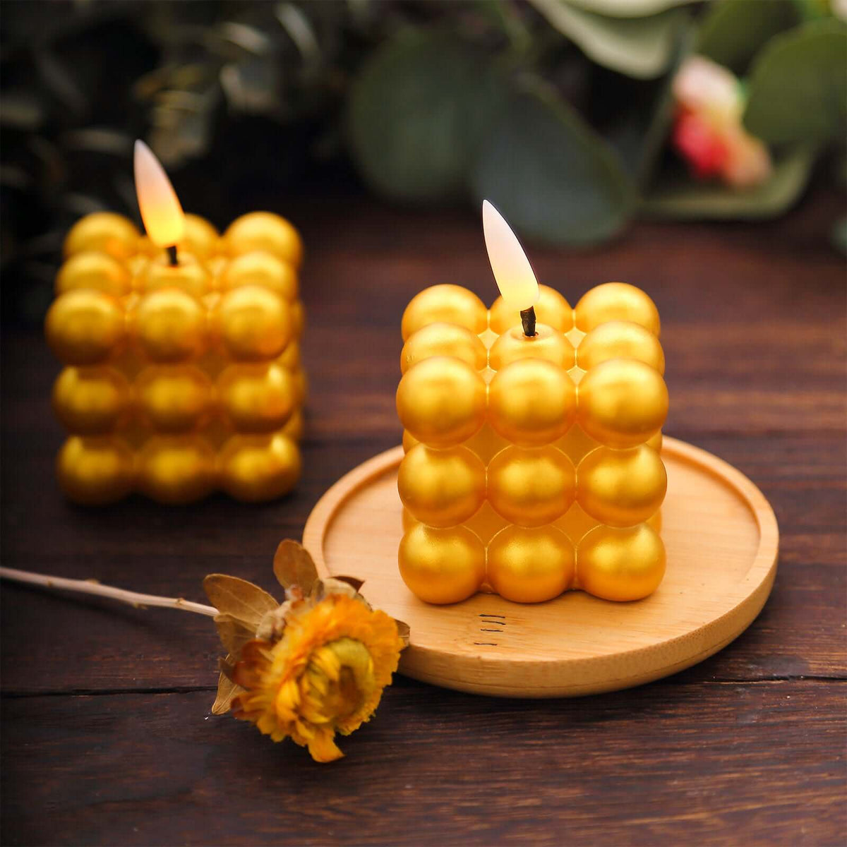 2-Pack LED Flameless Cube Candles Mini Bubble Metallic Gold - Battery Operated 2"