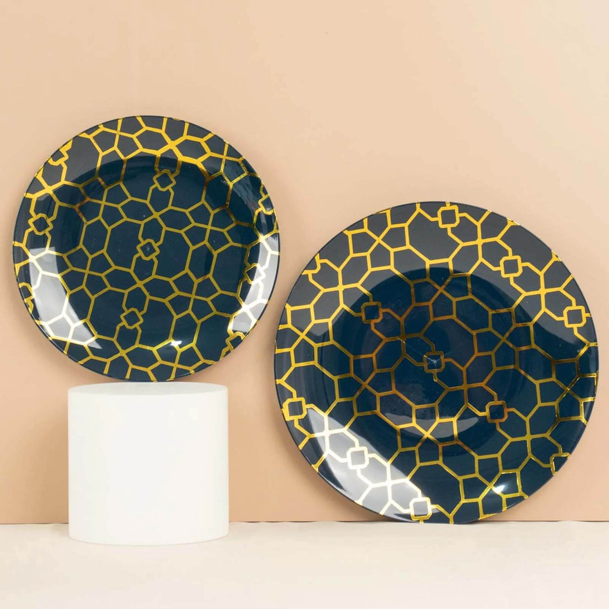 20-Pack Set Plastic Round Dinner and Salad Plates in Navy Blue with Geometric Gold Print - Modern Disposable Dinnerware Set for Weddings & Celebrations 9", 7"