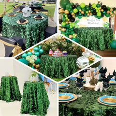 Taffeta 120" Round Tablecloth Green | 3D Leaf Petal Design Seamless Table Cover