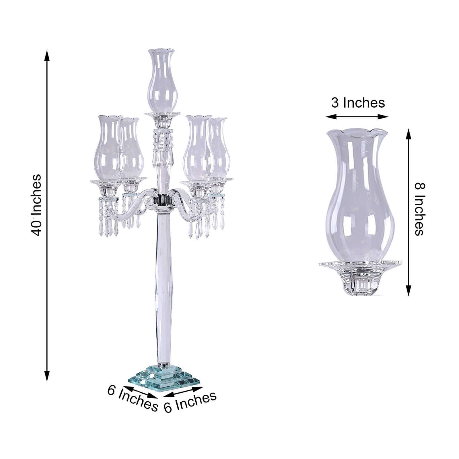 5 Arm Crystal Glass Taper Candle Holder Candelabra, Luxurious Table Centerpiece With Chandelier Chains 40"
