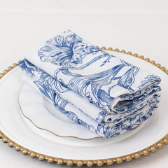 5-Pack French Toile Polyester Cloth Napkins – 17"x17" Blue and White Reusable Table Napkins in Floral Design for Events & Dining