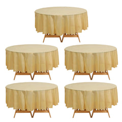 5-Pack Plastic Table Covers Gold Round - Durable PVC Disposable Tablecloths for Events 84"