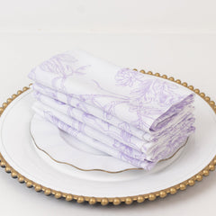 5-Pack French Toile Polyester Cloth Napkins – 17"x17" Lavender Lilac and White Reusable Table Napkins in Floral Design for Events & Dining